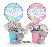 Load image into Gallery viewer, NEW BABY 9" AIR FILLED BALLOON WITH TIN CONTAINER AND PLUSH GIFT