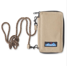 Load image into Gallery viewer, Cross body bi-fold wallet with fixed rope shoulder strap that can detach, one main compartment with zip closure, internal zip pocket and multiple internal cash, card, ID slots.  It&#39;s go time!  Dimensions:  7&quot; x 4&quot; x 1&quot;.  Fabric 12oz cotton canvas.
