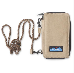 Cross body bi-fold wallet with fixed rope shoulder strap that can detach, one main compartment with zip closure, internal zip pocket and multiple internal cash, card, ID slots.  It's go time!  Dimensions:  7" x 4" x 1".  Fabric 12oz cotton canvas.
